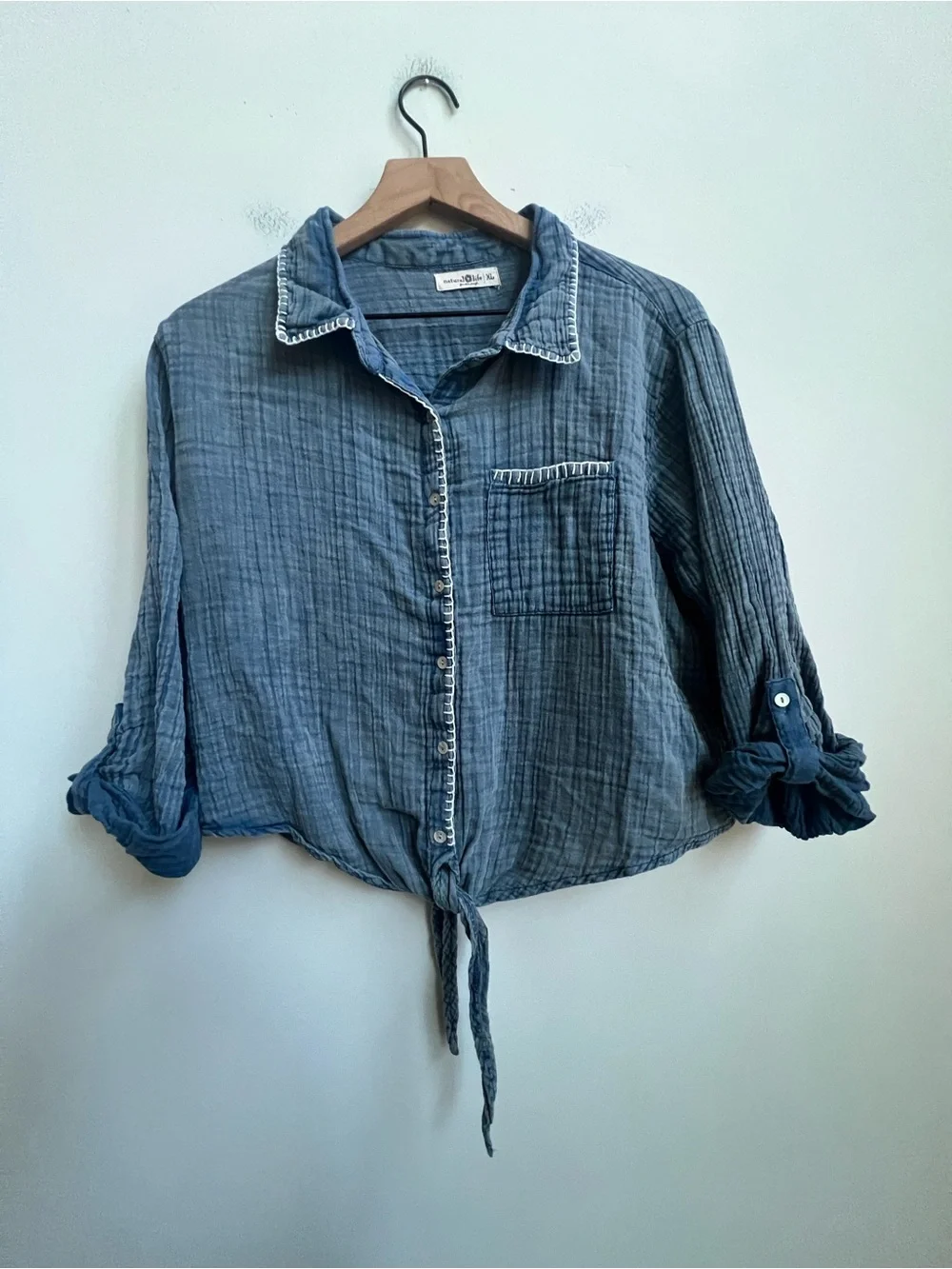 Natural Life Lola Tie Cotton Button Down shirt crinkled gauze Stitch Denim XL - Picture 5 of 11